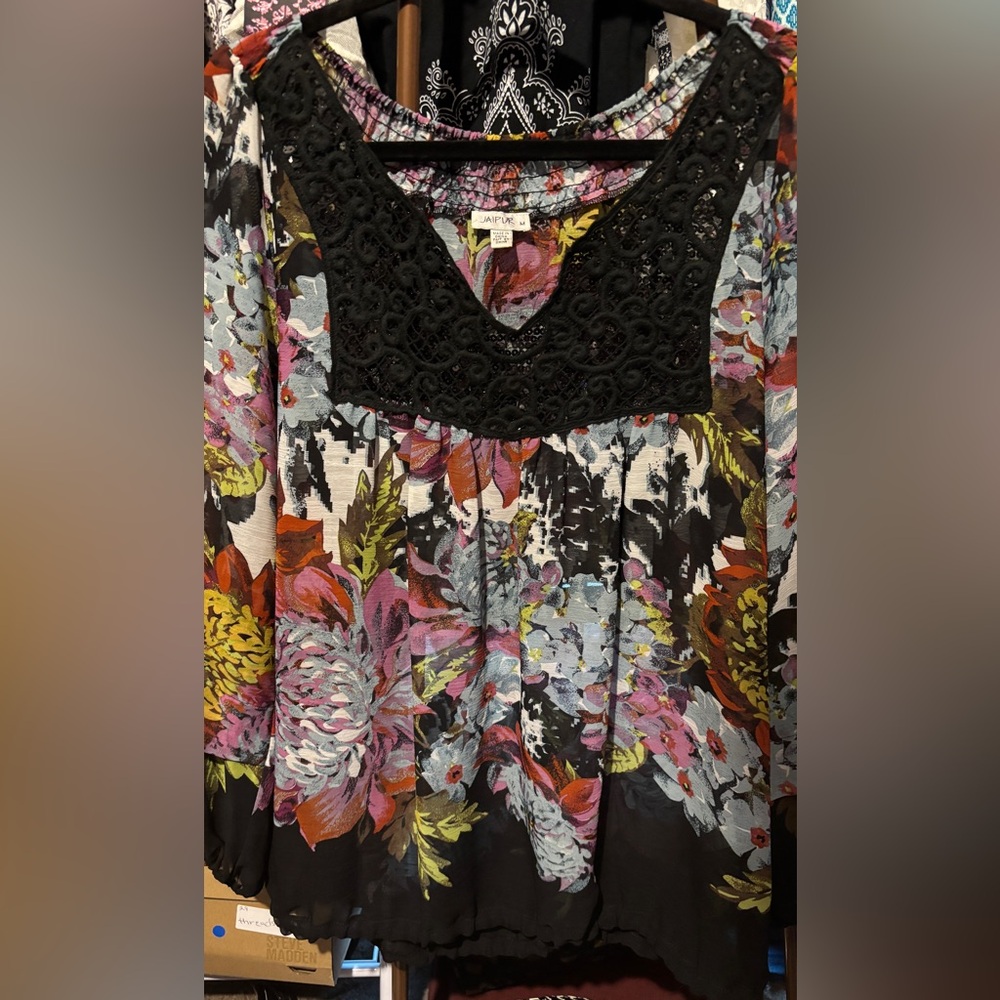 Jaipur Boho Vibrant Floral Blouse with Black Lace Detail